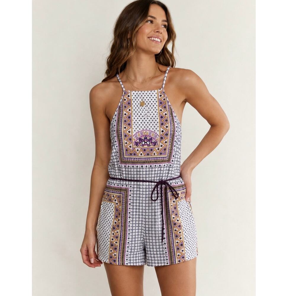 Tigerlily NWT Dalmatia Romper size 2 Halter Purple Blue Geo Boho